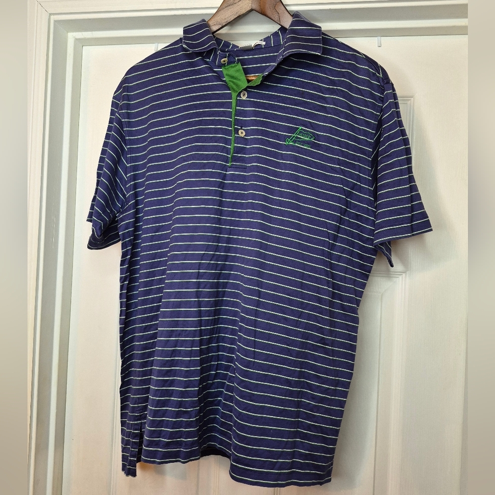 Peter Millar Navy Stripe Polo Shirt with Green Trim Size Medium